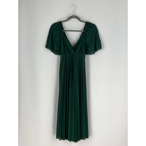 ASOS Pleated Twist Back Cap Sleeve Maxi Dress Women 4 Forest Green Sheer Chiffon - Picture 4 of 10